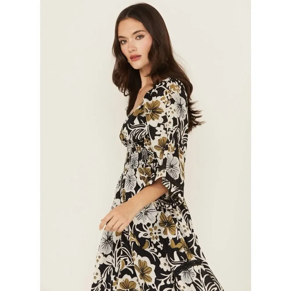 NWT Free People Dixie Floral Maxi Dress Black White Gold S 100% Cotton Boho Fall
